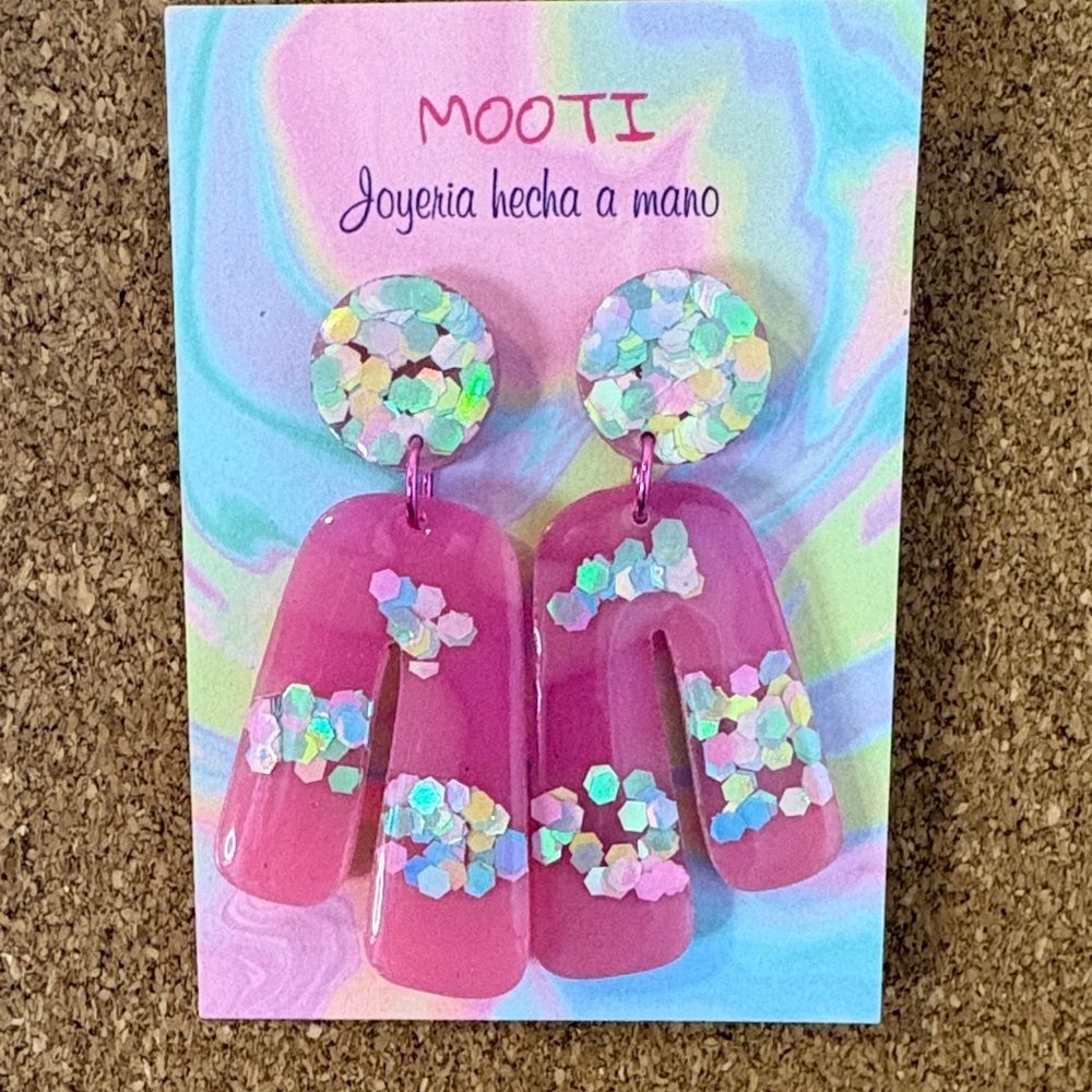 Pink Statement Earrings with Glitter Accents - Picture 2 of 2
